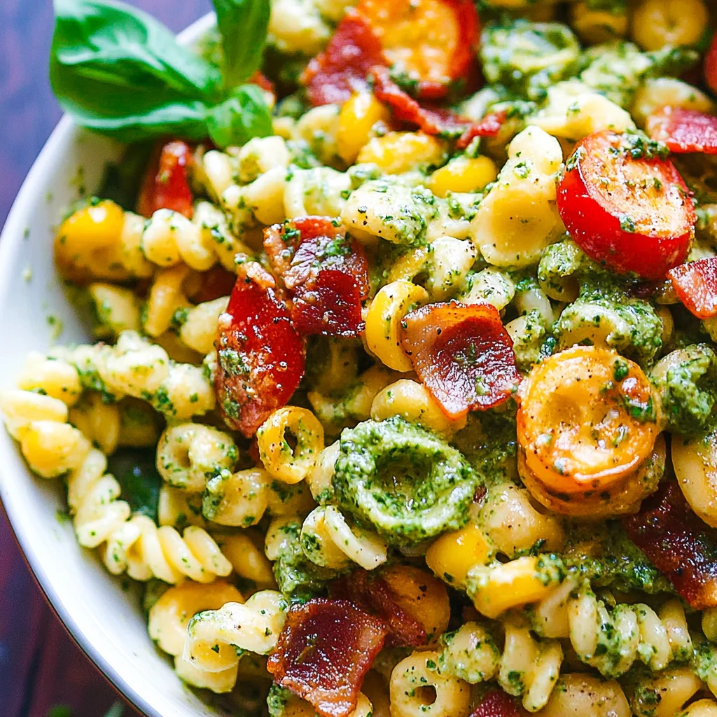 Corn Pasta Salad with Turkey Bacon and Creamy Pesto Dressing