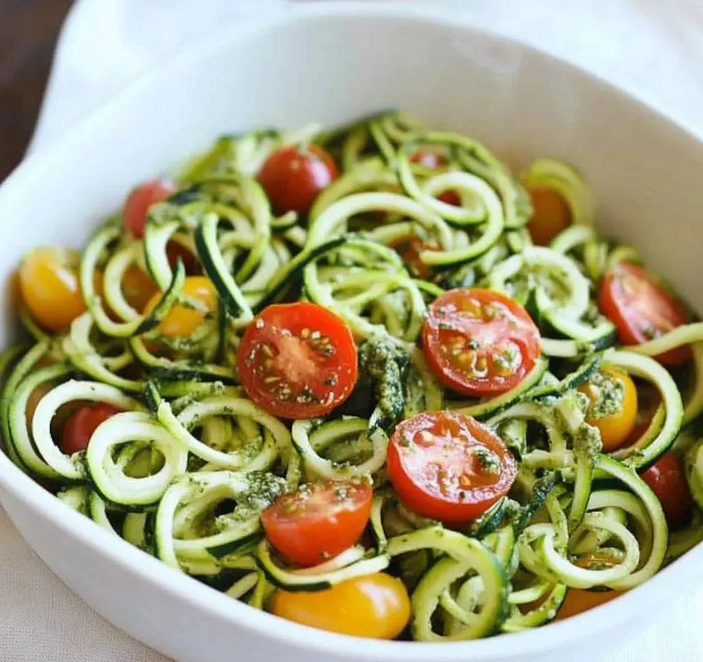 Raw Spiralized Zucchini Noodles with Tomatoes and Pesto
