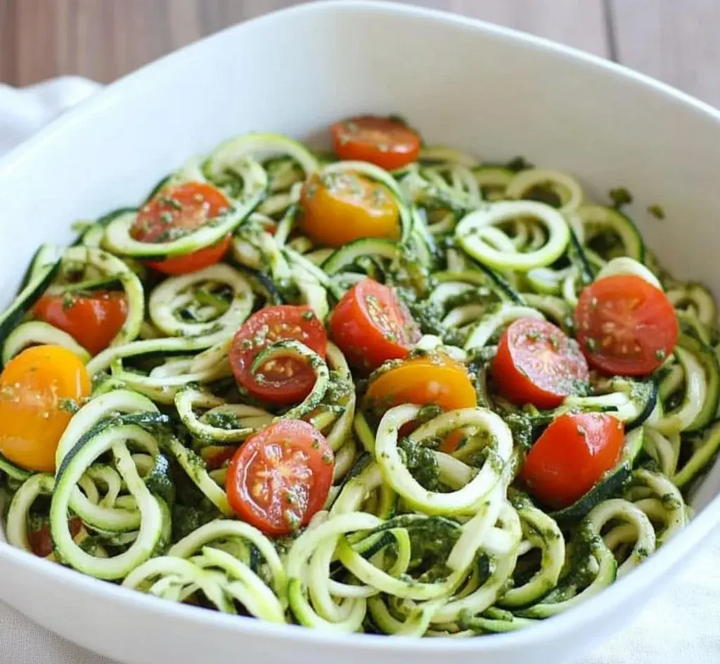 Raw Spiralized Zucchini Noodles with Tomatoes and Pesto