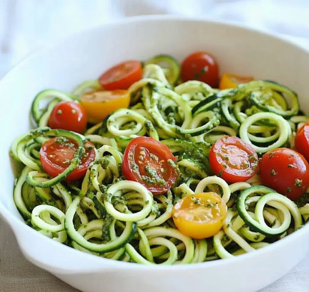 Raw Spiralized Zucchini Noodles with Tomatoes and Pesto
