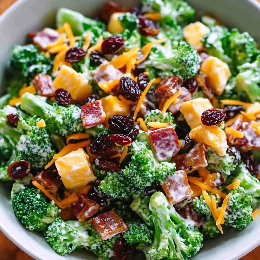 Broccoli Turkey Bacon Salad with Raisins and Cheddar Cheese