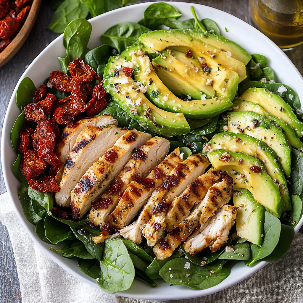 Grilled Chicken Sun Dried Tomato and Avocado Spinach Salad