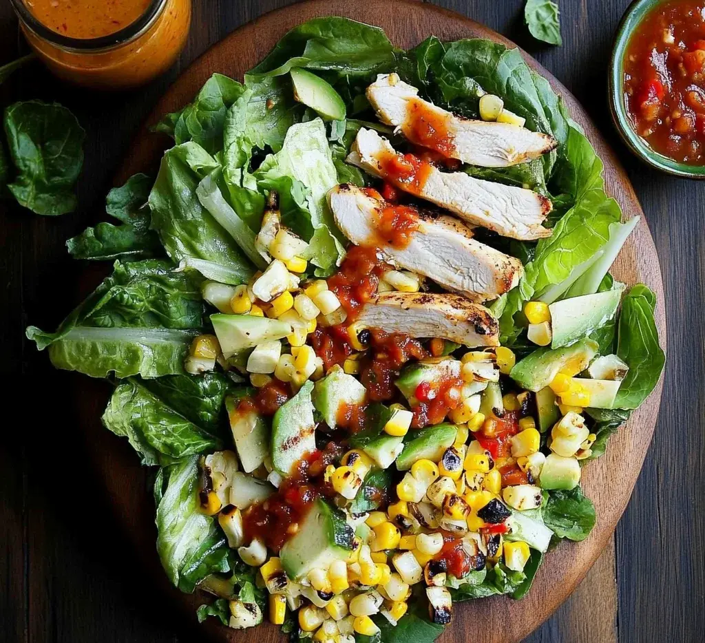 Grilled Romaine, Corn and Chicken Salad with Salsa Dressing