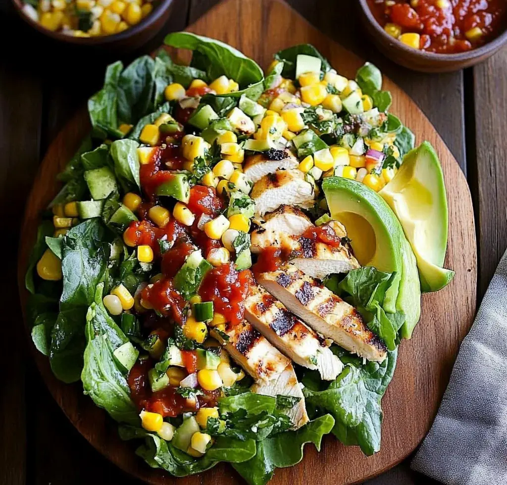 Grilled Romaine, Corn and Chicken Salad with Salsa Dressing