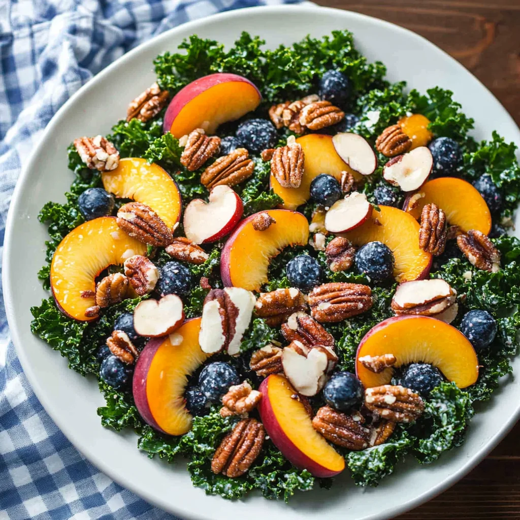 Summer Kale Salad with Peaches and Candied Pecans