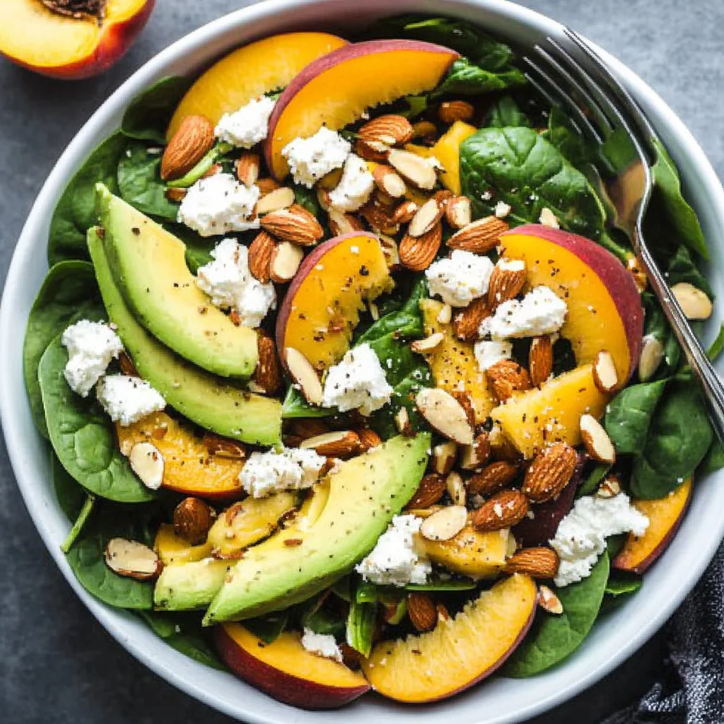 Summer Peach Spinach Salad with Avocado, Toasted Almonds + Goat Cheese