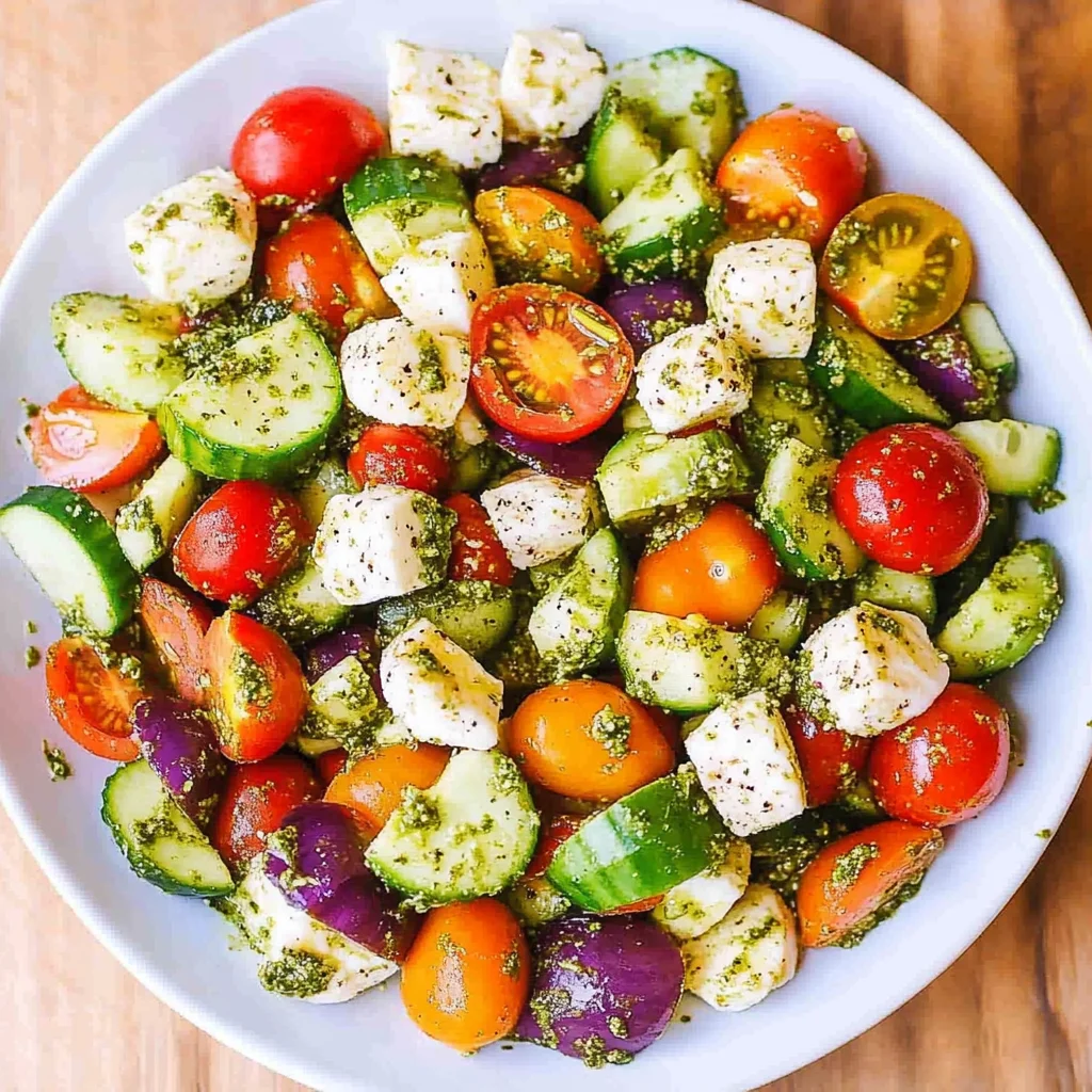 Tomato Cucumber Avocado Salad with Mozzarella and Basil Pesto