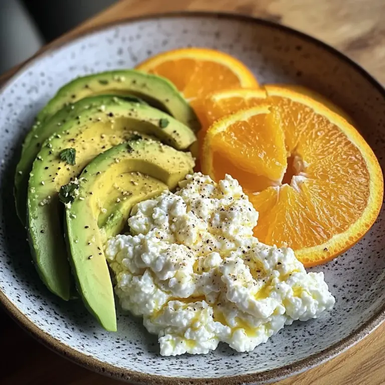 Avocado, Scrambled Eggs & Cottage Cheese Plate with Fresh Orange
