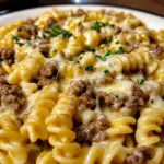 Cheesy Rotini with Garlic Butter Sauce and Ground Beef