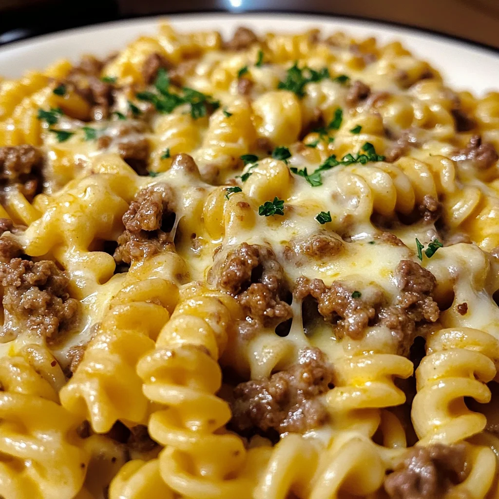Cheesy Rotini with Garlic Butter Sauce and Ground Beef