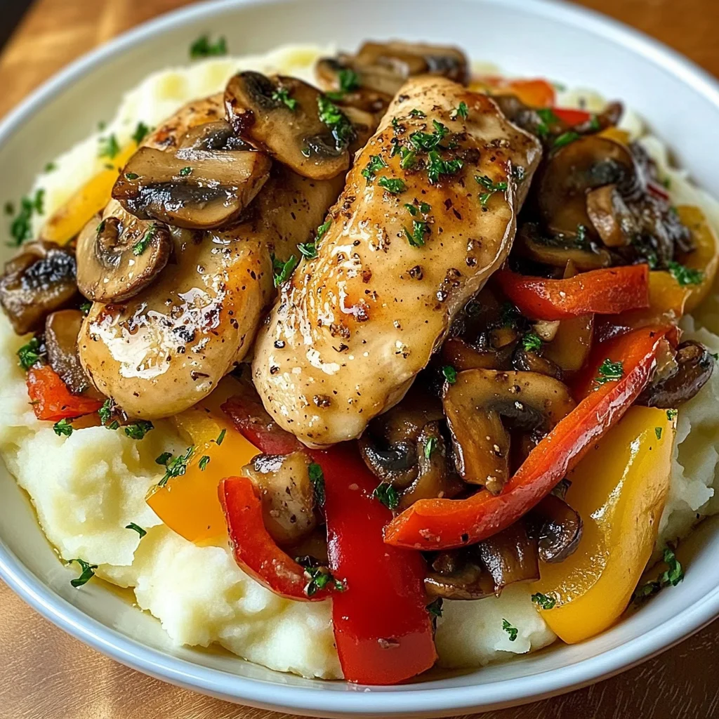 Garlic Butter Chicken with Mushrooms, Peppers & Mashed Potatoes