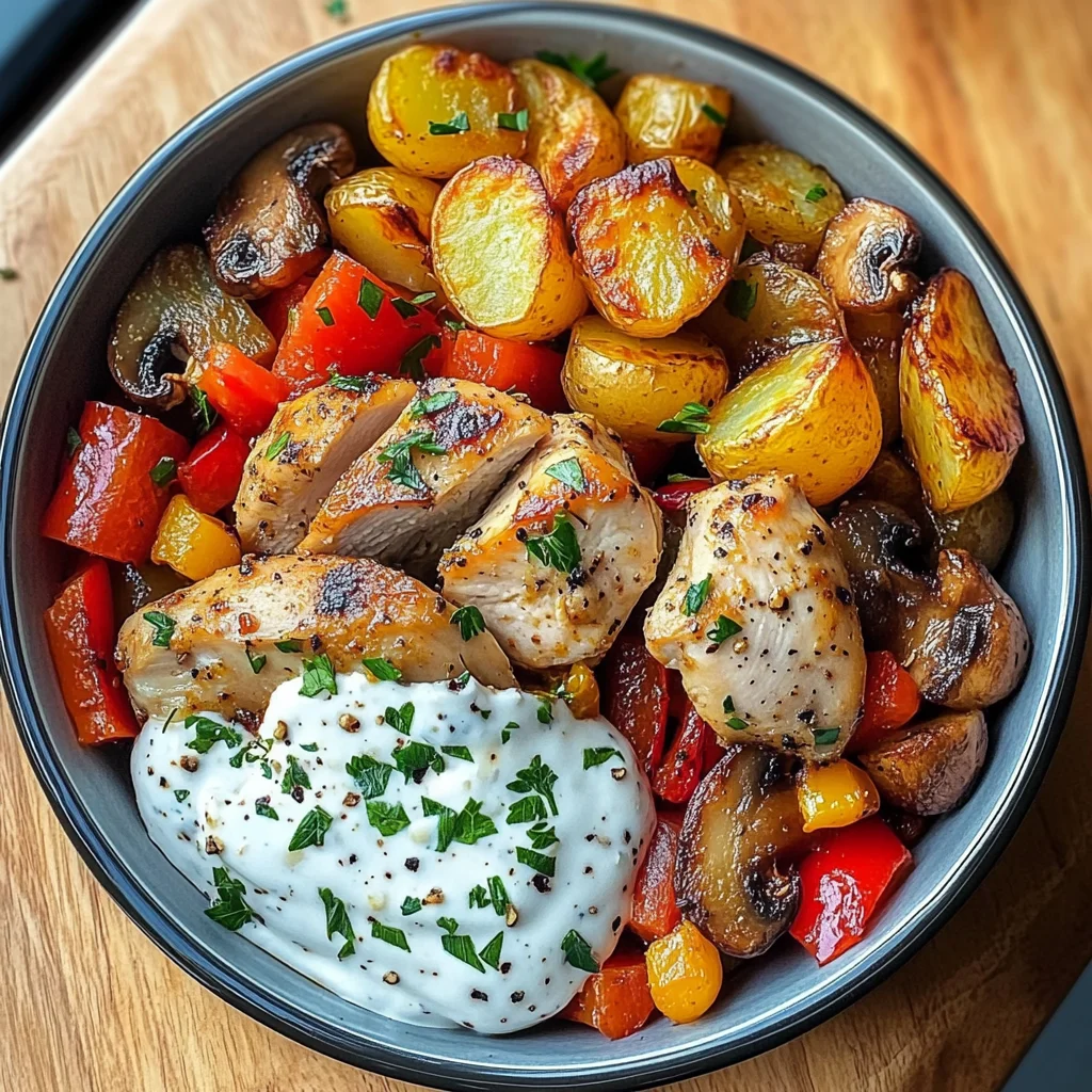 Loaded Garlic Butter Chicken with Roasted Veggies & Creamy Dip