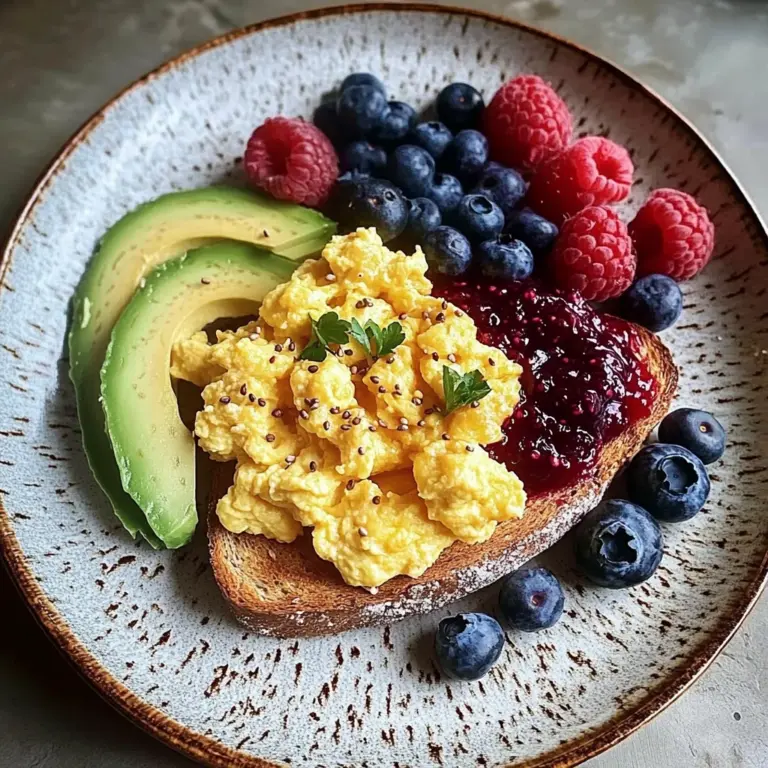 Colorful Breakfast Plate with Scrambled Eggs, Avocado, PB&J Toast & Fresh Berries