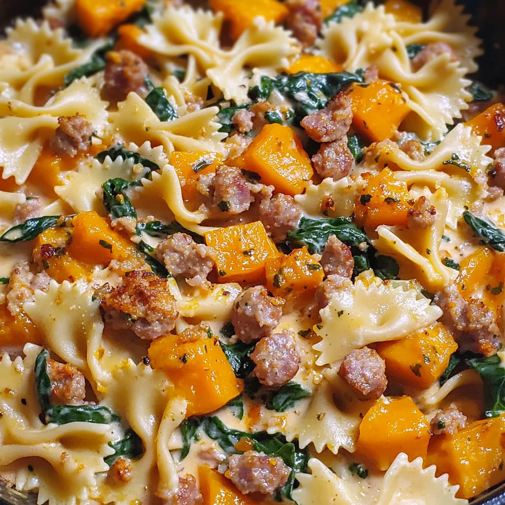 Creamy Roasted Butternut Squash Pasta with Sausage and Spinach
