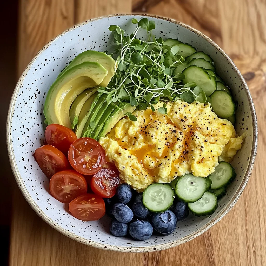 Creamy Scrambled Egg Bowl with Avocado, Microgreens & Veggies
