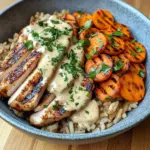 Grilled Chicken Rice Bowl with Creamy Herb Sauce & Carrots