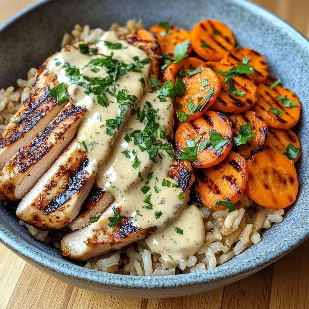 Grilled Chicken Rice Bowl with Creamy Herb Sauce & Carrots