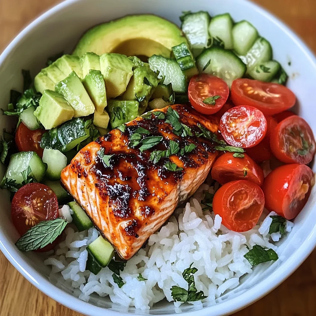 Honey-Glazed Salmon Bowl with Rice, Avocado, Cucumber & Tomato Herb Salad