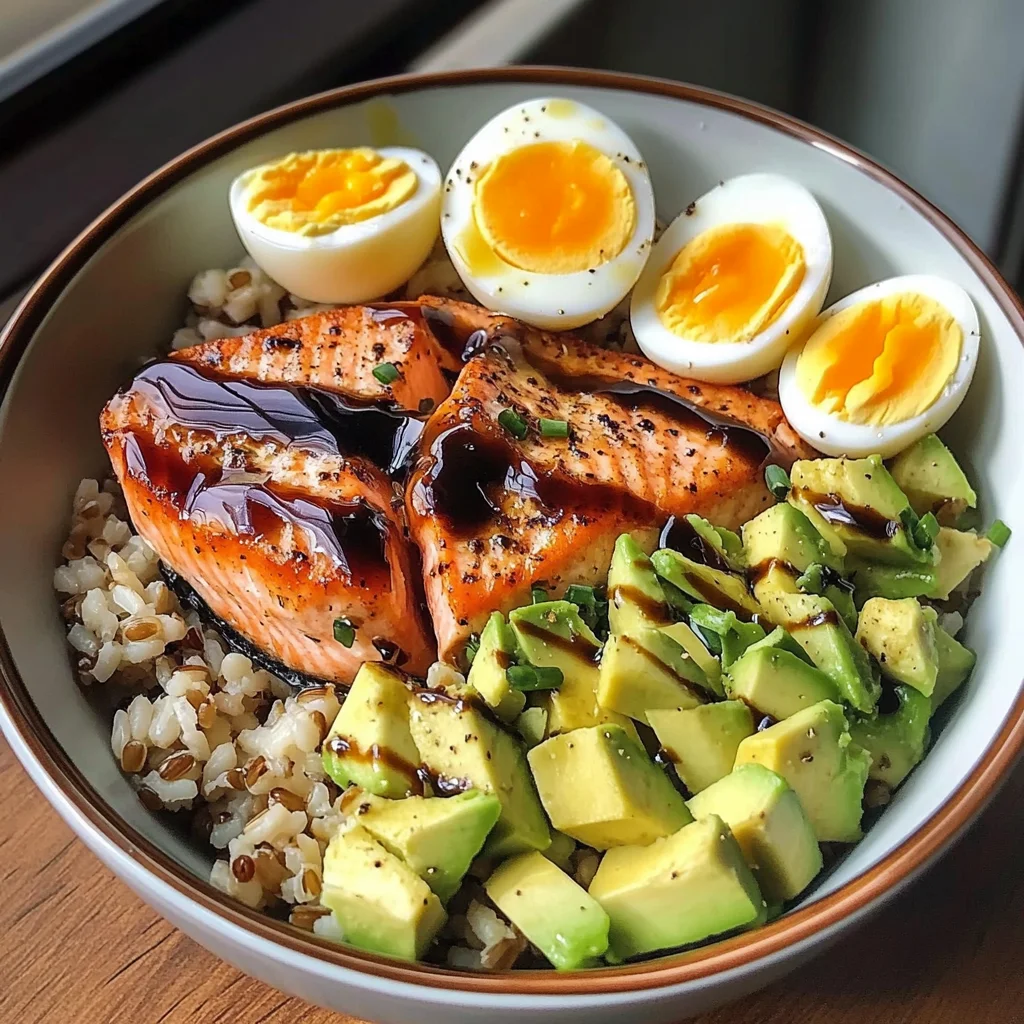 Salmon, Brown Rice & Soft-Boiled Egg Bowl with Avocado