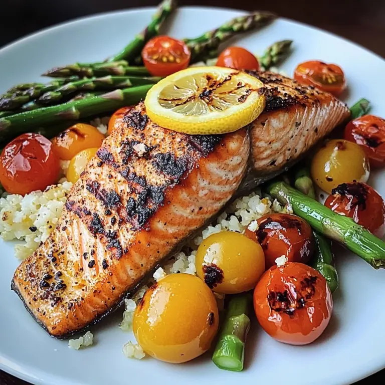 Seared Salmon with Asparagus, Cherry Tomatoes & Cauliflower Rice