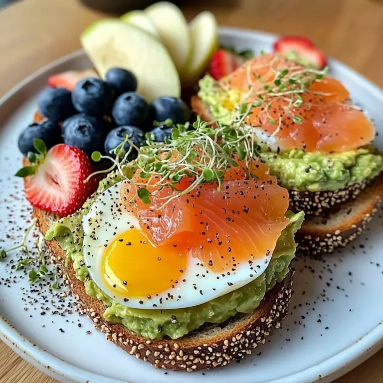Smoked Salmon & Egg Avocado Toast Plate with Fresh Fruit & Tea