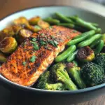 Spiced Salmon Bowl with Roasted Brussels, Sautéed Greens & Steamed Broccoli