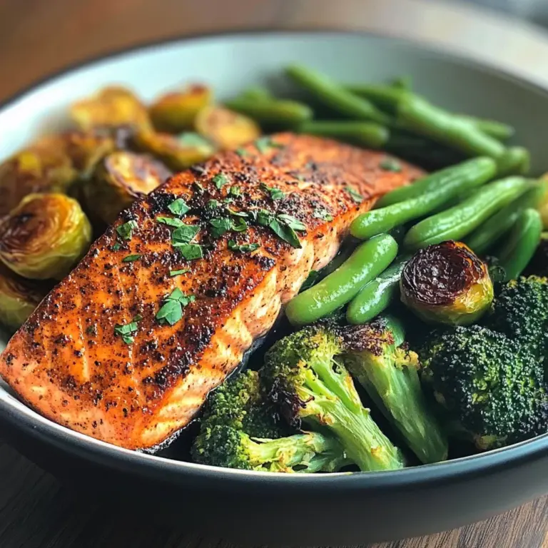 Spiced Salmon Bowl with Roasted Brussels, Sautéed Greens & Steamed Broccoli