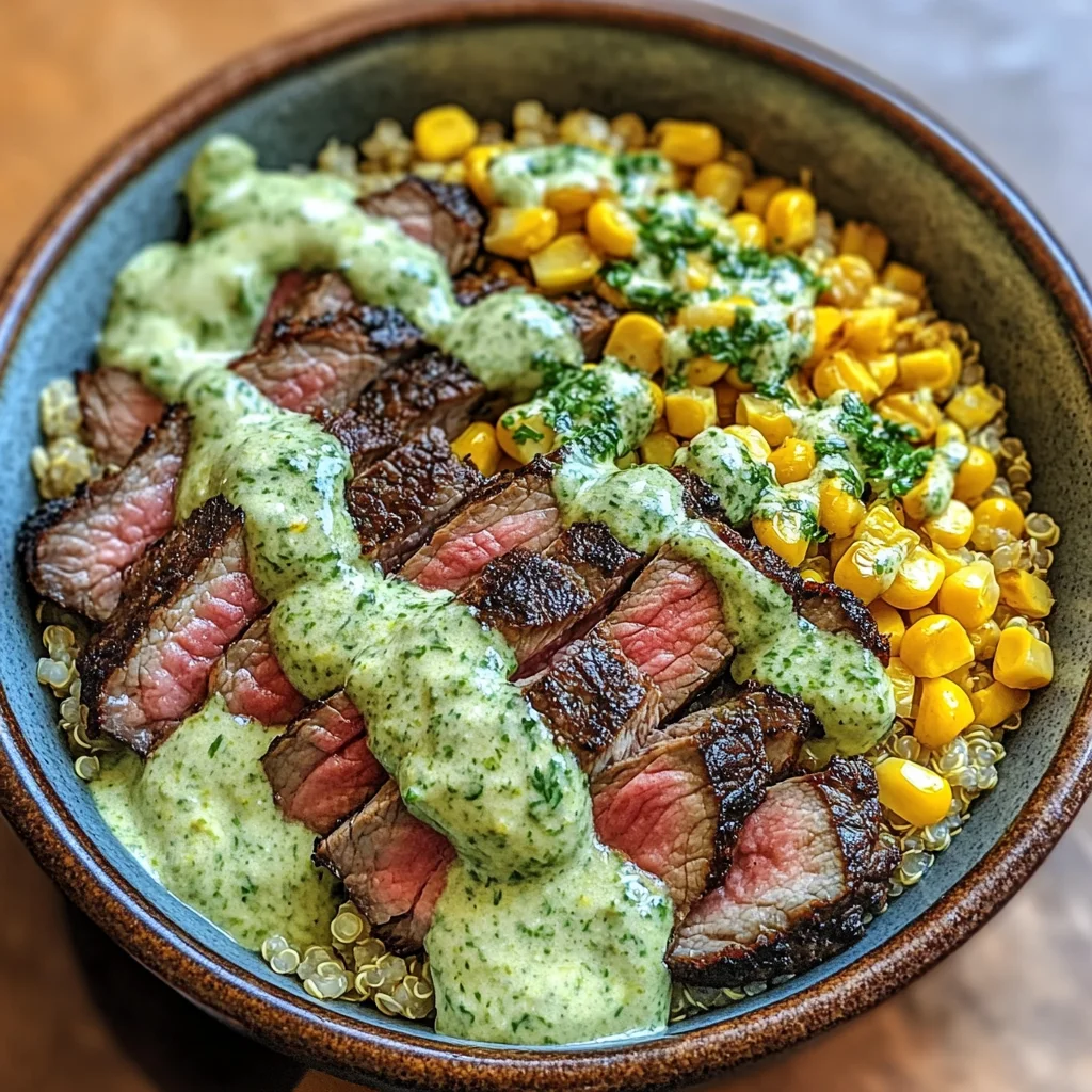 Steak Avocado Roasted Corn Bowl with Cilantro Cream Sauce delights!
