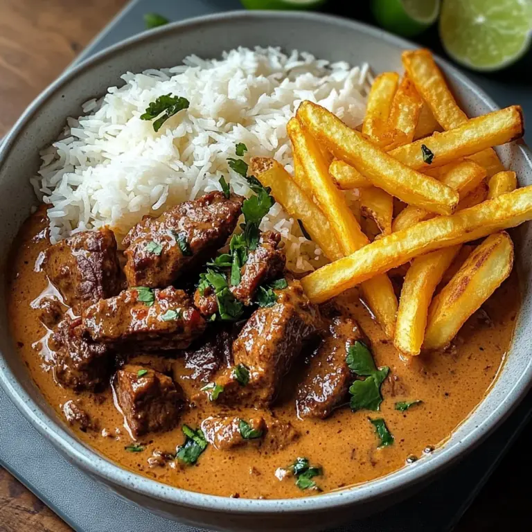 Coconut-Infused Beef Curry with Fries and Rice