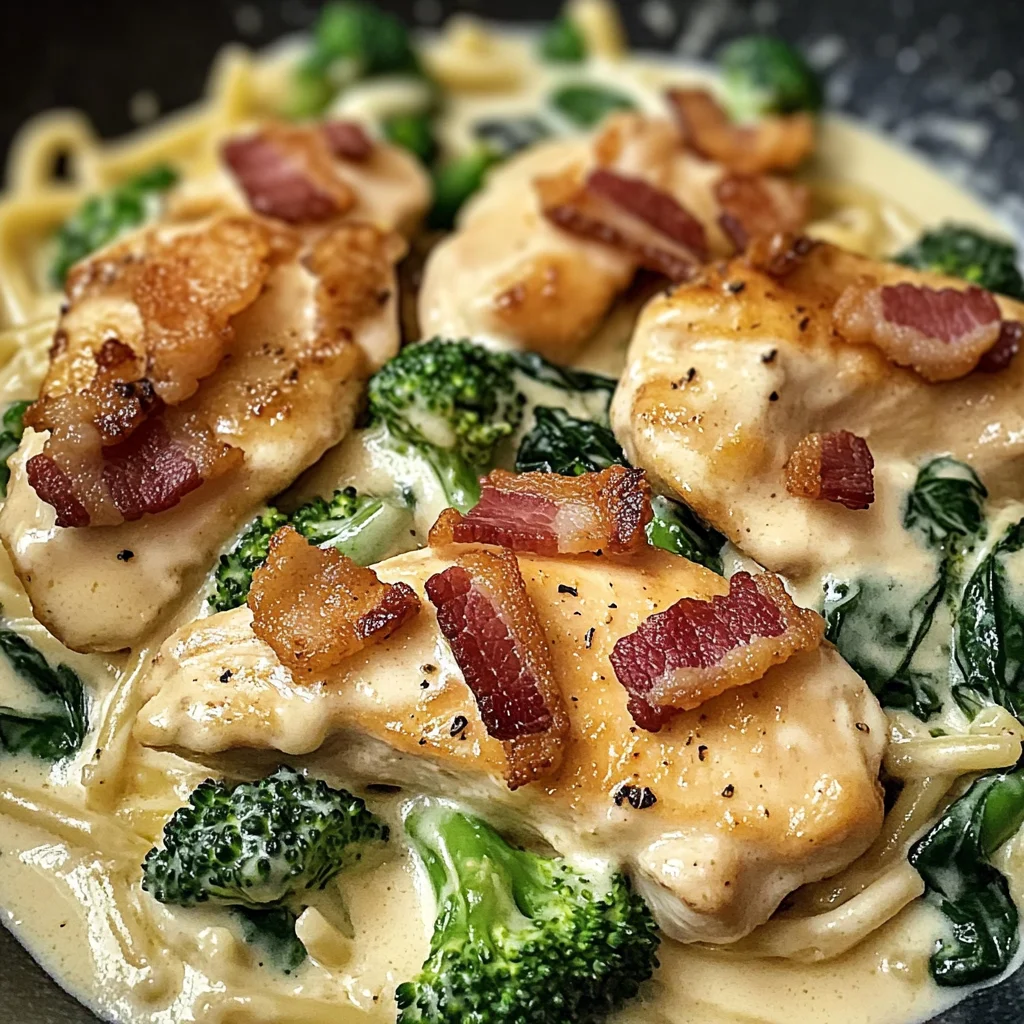 Creamy Garlic Butter Chicken Alfredo with Crispy Bacon, Spinach & Broccoli