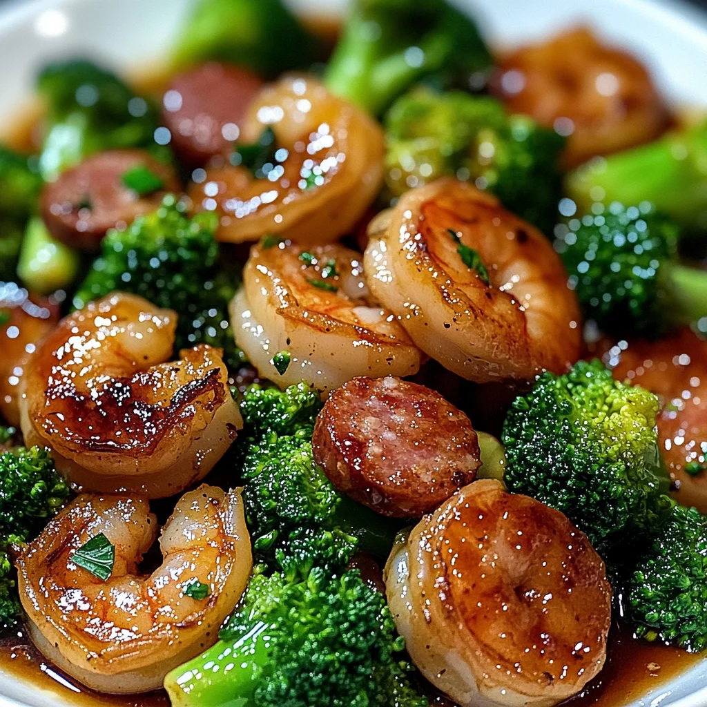 Honey garlic shrimps, sausage and broccoli