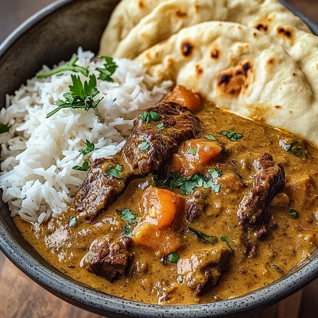 Slow-Cooked Beef in Creamy Coconut Curry with Rice and Garlic Naan