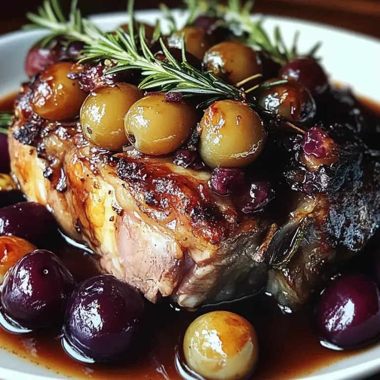 Slow-Roasted Lamb Shoulder with Rosemary, Garlic Cream & Caramelized Grapes