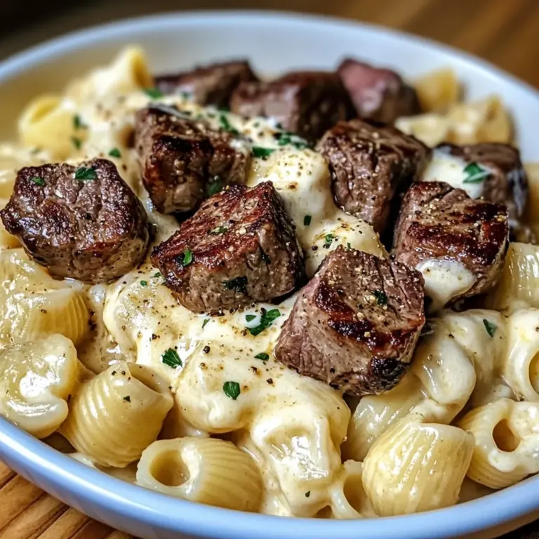 Steak Bites and Shell Pasta in Garlic Butter Alfredo Sauce