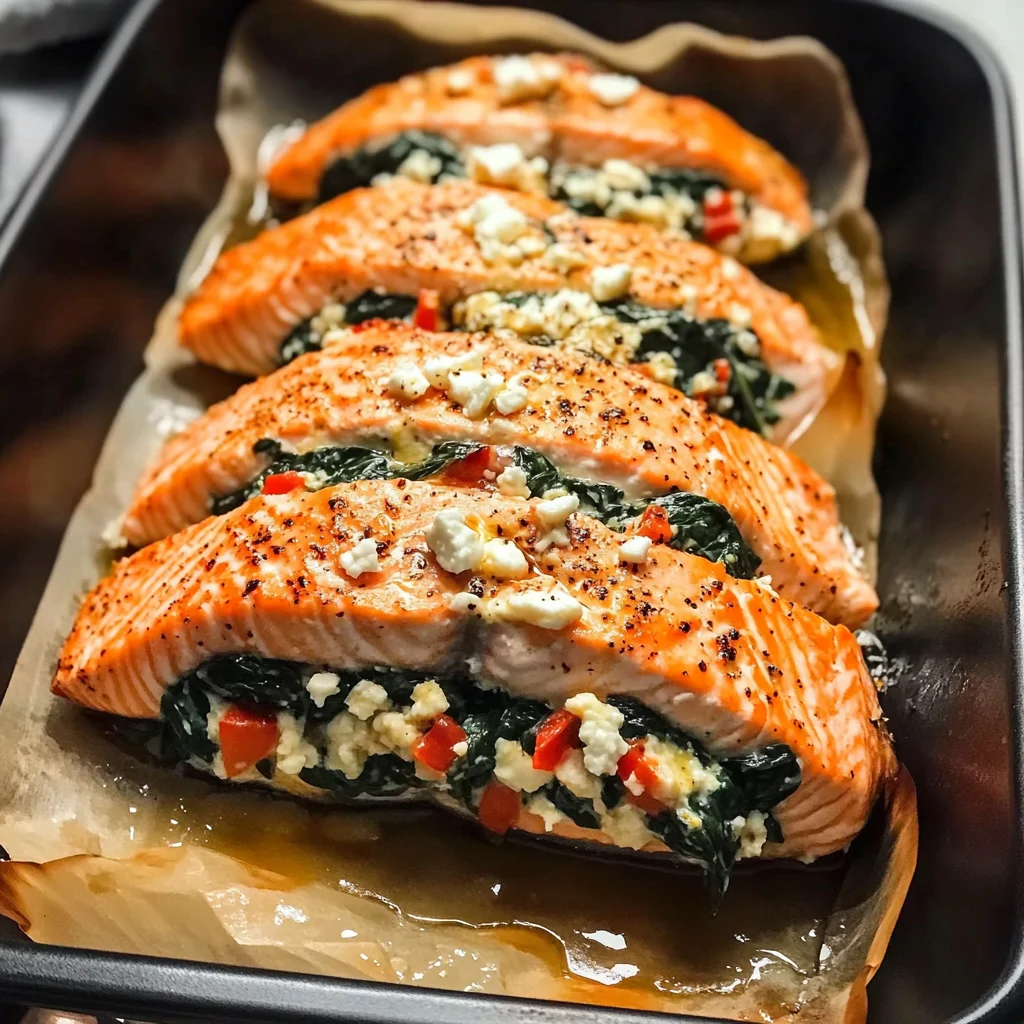 Simple Baked Stuffed Salmon with Spinach and Feta