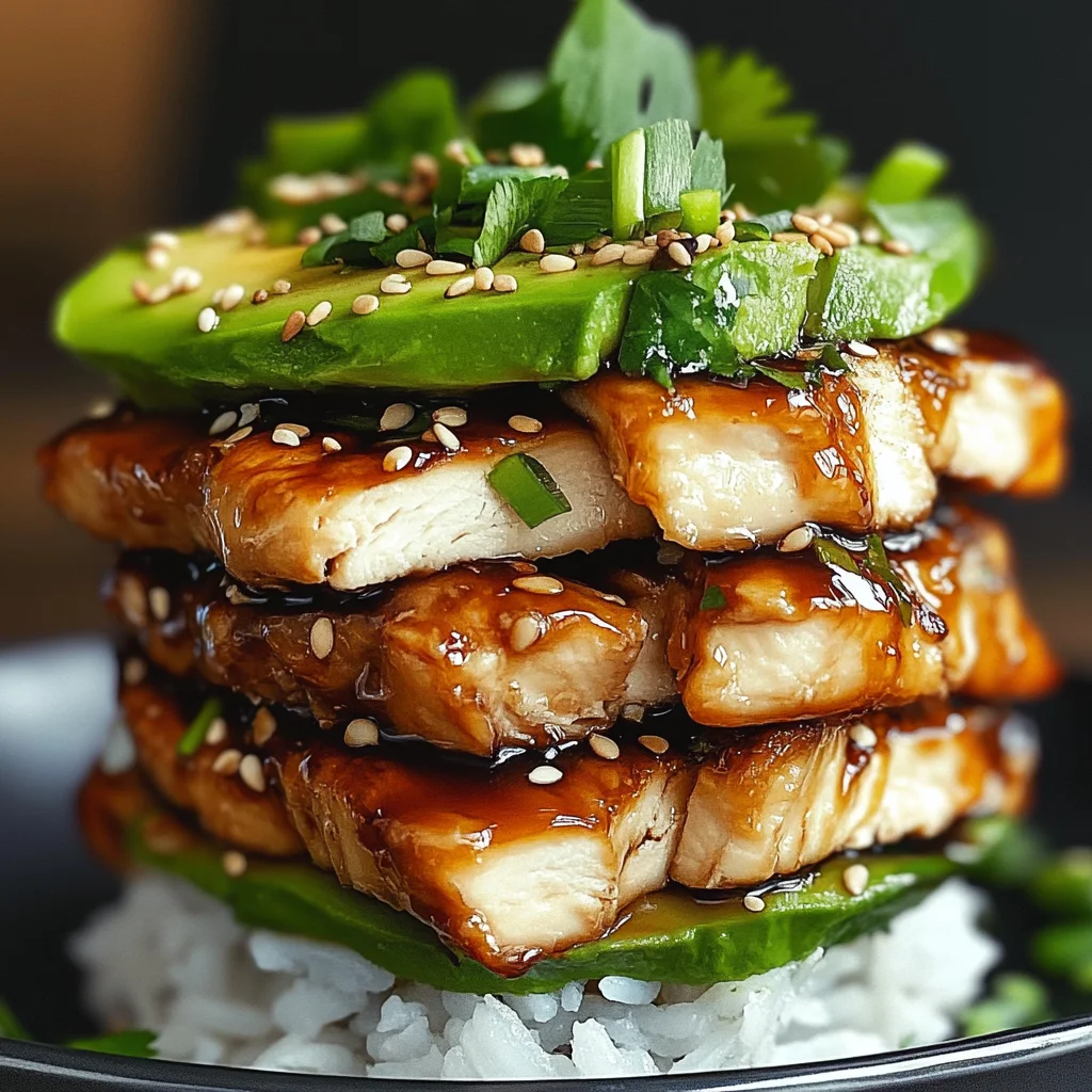 Teriyaki Chicken Avocado Rice Stack