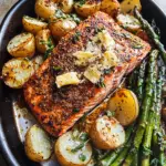 Lemon Brown Butter Salmon and Potatoes with Parmesan Asparagus
