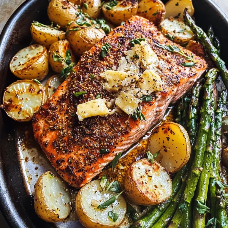Lemon Brown Butter Salmon and Potatoes with Parmesan Asparagus