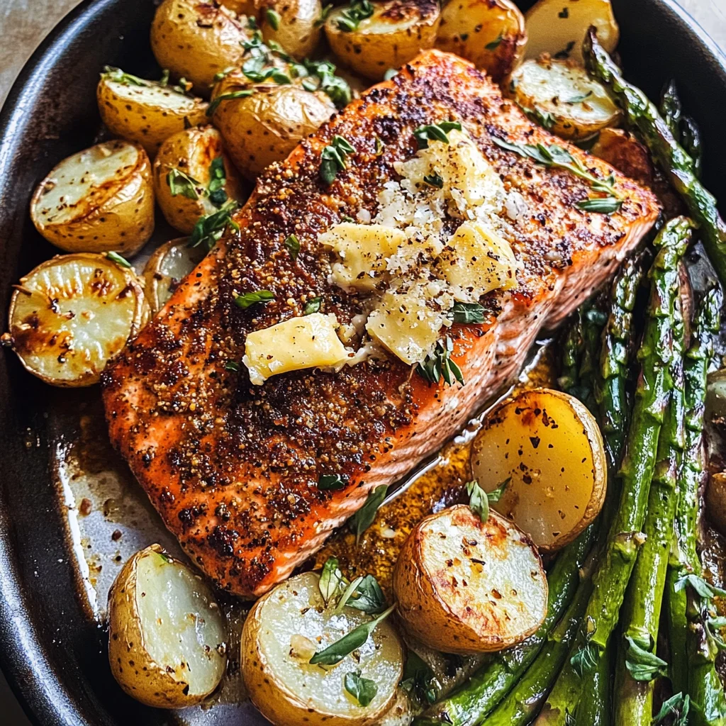 Lemon Brown Butter Salmon and Potatoes with Parmesan Asparagus